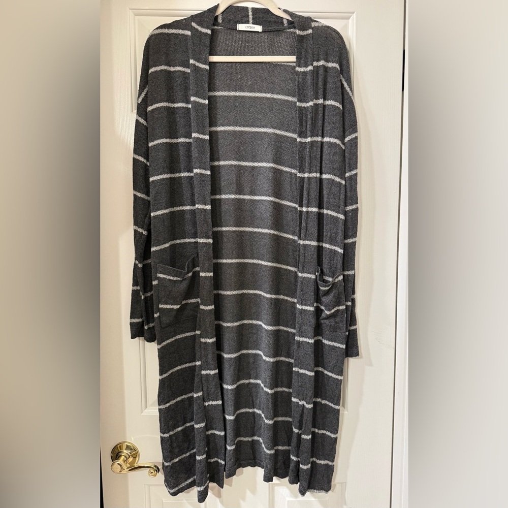Cherish Charcoal and Light Gray Striped Long Cardigan